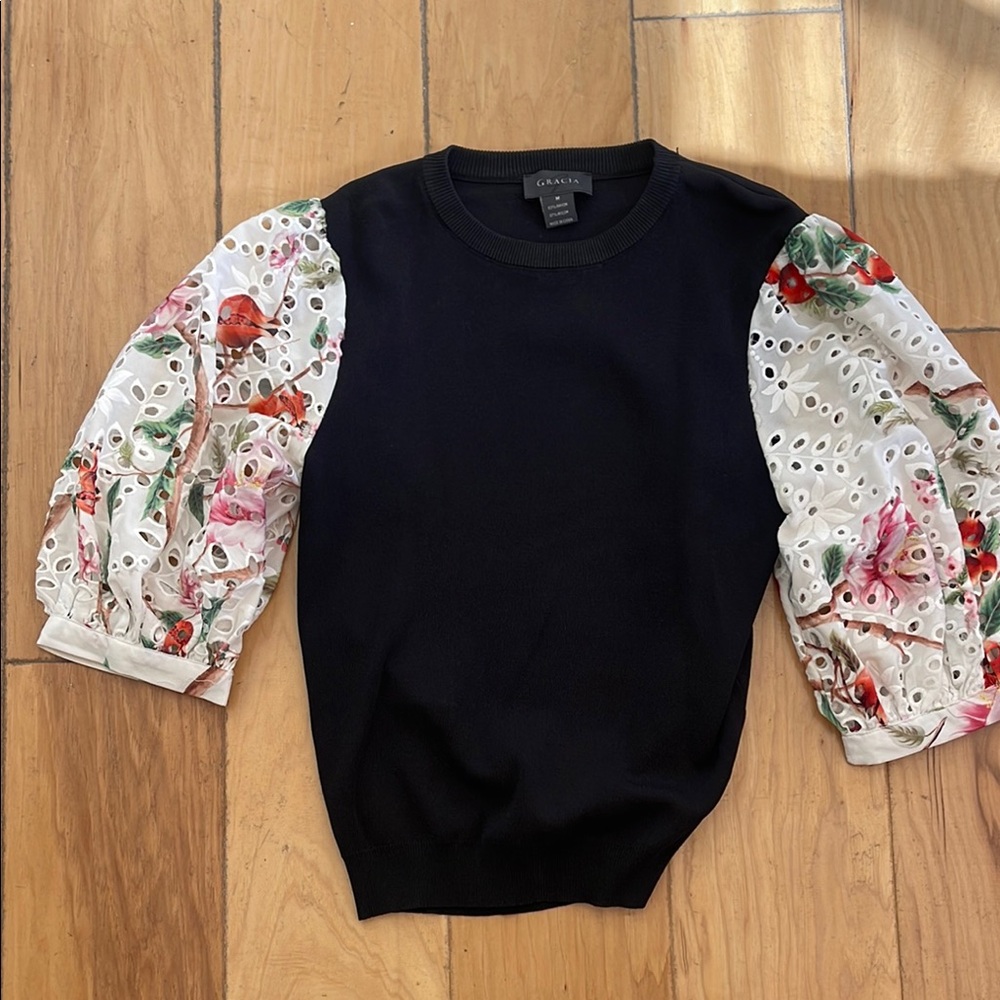 Ganni Black Sweater with Floral Sleeves